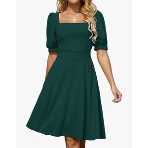 NEW Green Square Collar Career Puff Half Sleeve Fit & Flare Dress Pockets S 4/6